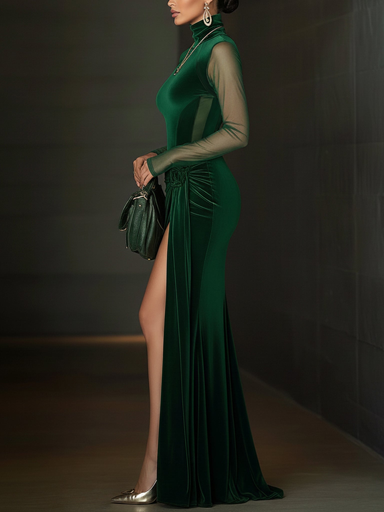 24-Hour-Shipping Emerald Green Velvet Mesh Sleeve High Slit Maxi Dress
