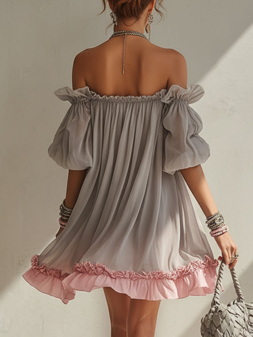 24-Hour-Shipping Gray Chiffon Off Shoulder Mini Dress With Pink Hem