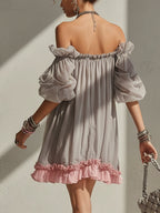 24-Hour-Shipping Gray Chiffon Off Shoulder Mini Dress With Pink Hem