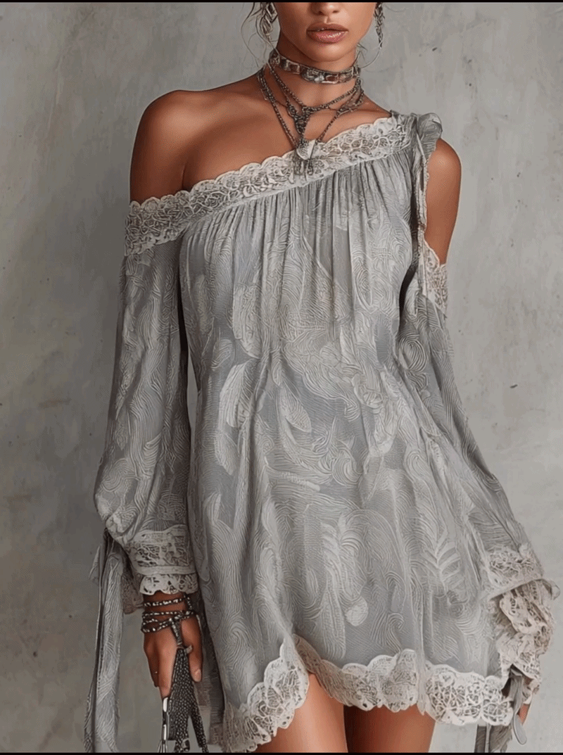 24-Hour-Shipping Light Gray Paisley Print Chiffon One Shoulder Lace Trim Mini Dress
