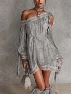 24-Hour-Shipping Light Gray Paisley Print Chiffon One Shoulder Lace Trim Mini Dress