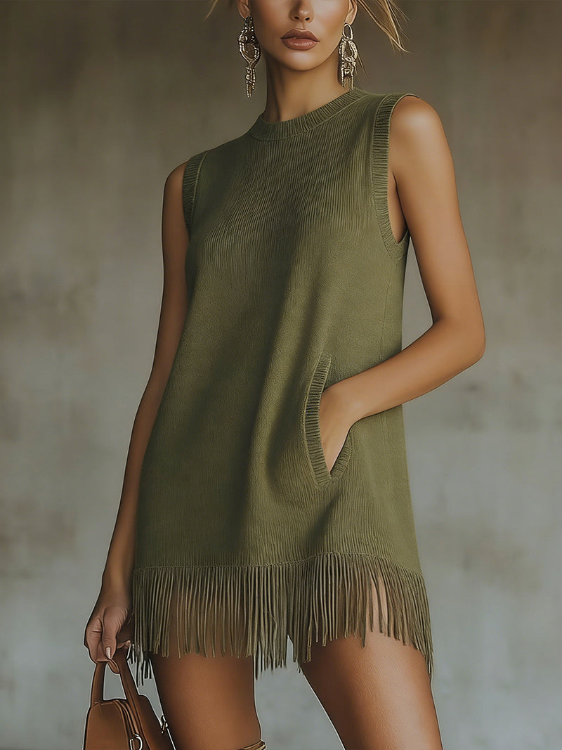 24-Hour-Shipping Olive Green Sleeveless Knit Mini Dress With Fringe Hem
