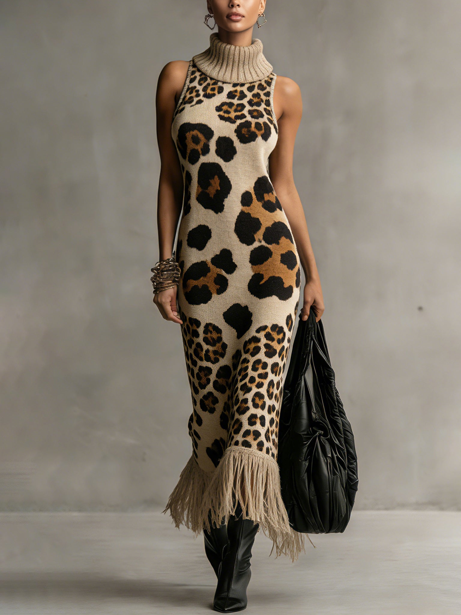 24-Hour-Shipping Brown Irregular Leopard Print Knitted Tassel Sleeveless Maxi Dress