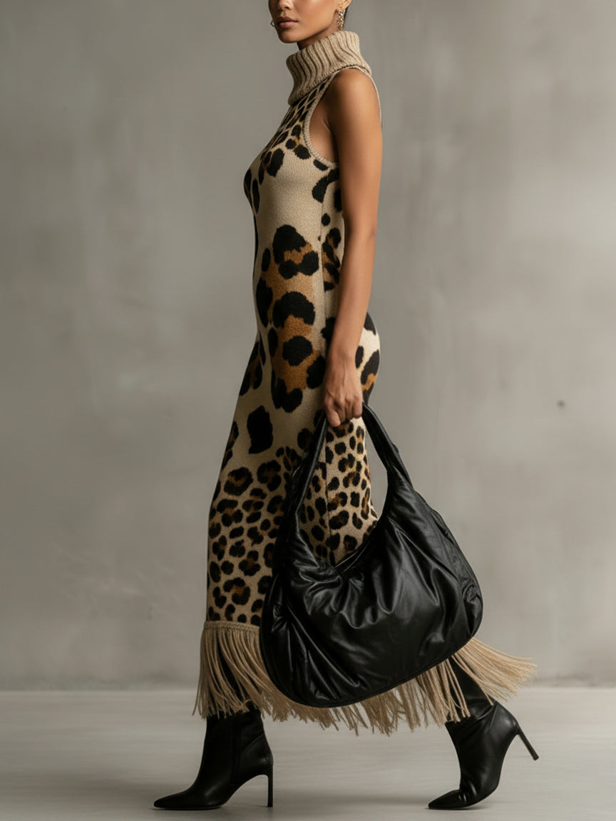 24-Hour-Shipping Brown Irregular Leopard Print Knitted Tassel Sleeveless Maxi Dress