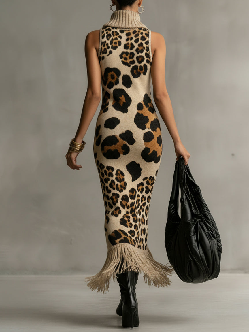 24-Hour-Shipping Brown Irregular Leopard Print Knitted Tassel Sleeveless Maxi Dress