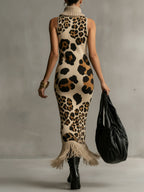 24-Hour-Shipping Brown Irregular Leopard Print Knitted Tassel Sleeveless Maxi Dress