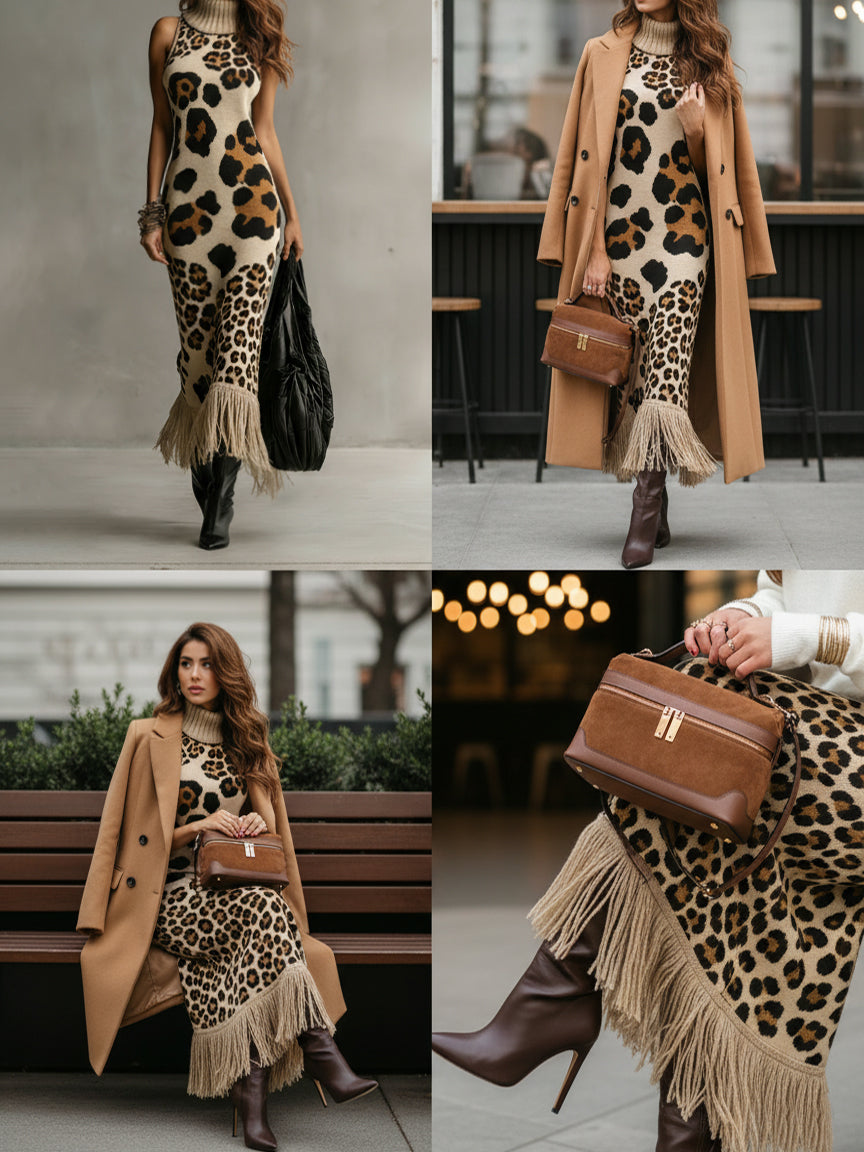 24-Hour-Shipping Brown Irregular Leopard Print Knitted Tassel Sleeveless Maxi Dress