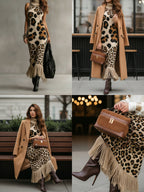 24-Hour-Shipping Brown Irregular Leopard Print Knitted Tassel Sleeveless Maxi Dress