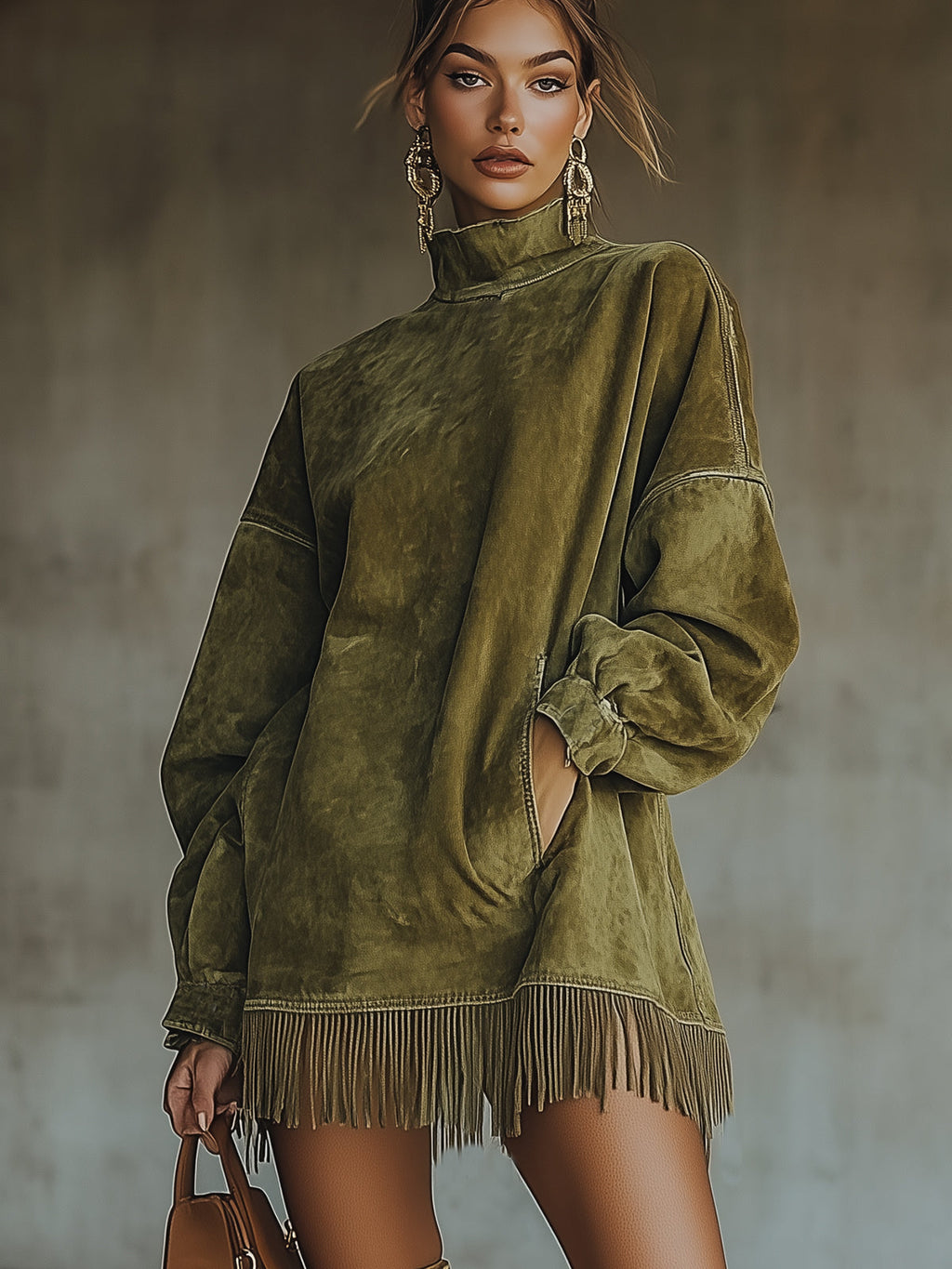 24-Hour-Shipping Olive Faux Suede Turtleneck Dress With Fringe Hem