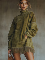 24-Hour-Shipping Olive Faux Suede Turtleneck Dress With Fringe Hem