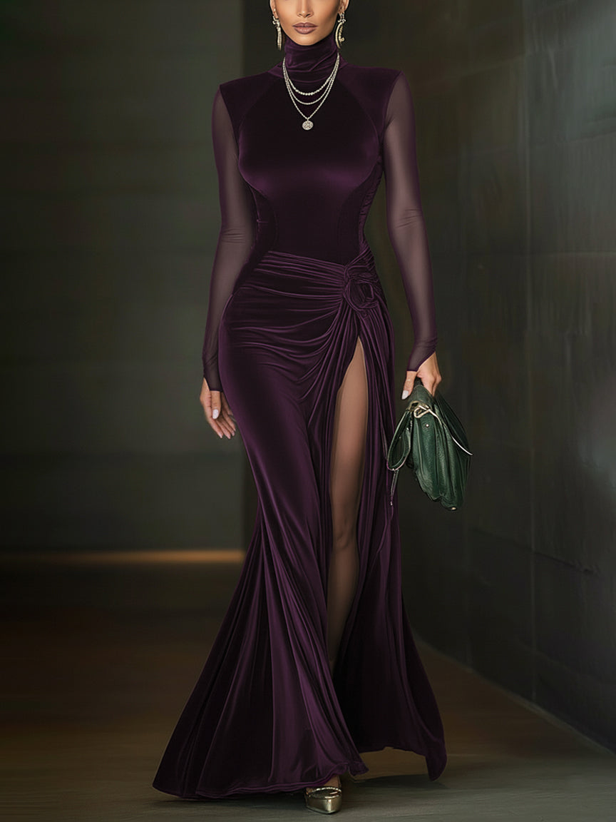 24-Hour-Shipping Emerald Green Velvet Mesh Sleeve High Slit Maxi Dress