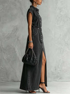 Washed Black Patchwork Denim Maxi Shirt Dress With Button Front Slit