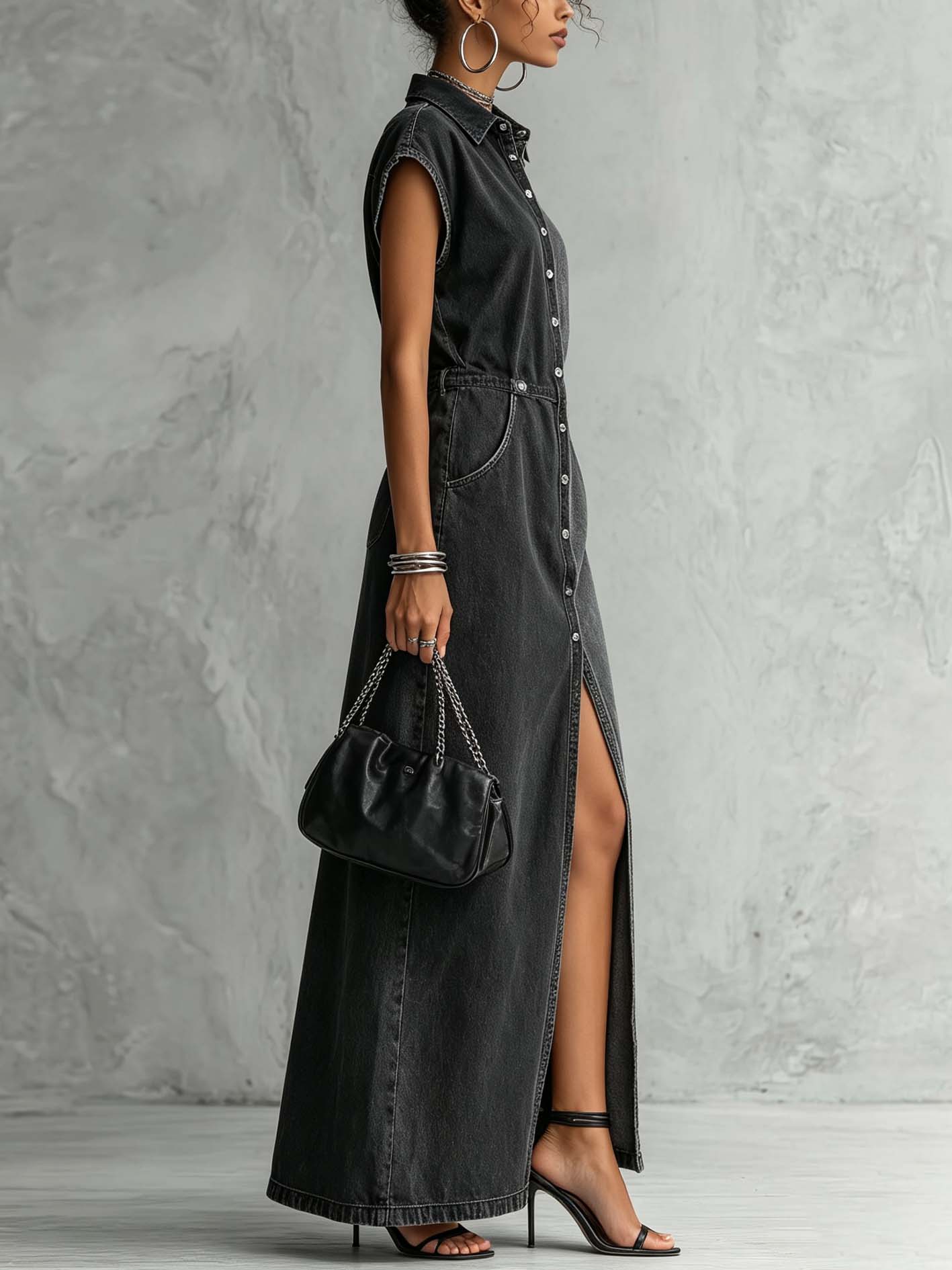 Washed Black Patchwork Denim Maxi Shirt Dress With Button Front Slit