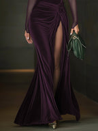 24-Hour-Shipping Emerald Green Velvet Mesh Sleeve High Slit Maxi Dress