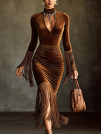 24-Hour-Shipping Brown Velvet Turtleneck Cutout Fringe Long Sleeve Bodycon Dress