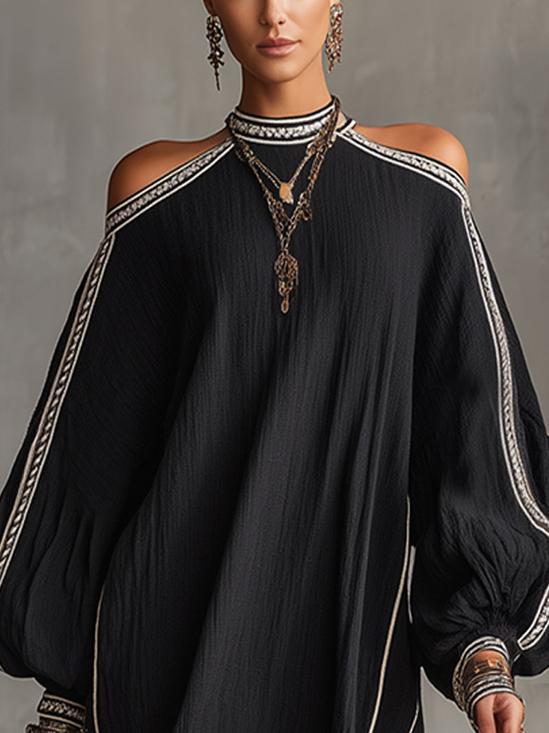 24-Hour-Shipping Black Boho Cold Shoulder Lantern Sleeve Linen Mini Dress