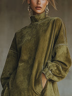 24-Hour-Shipping Olive Faux Suede Turtleneck Dress With Fringe Hem