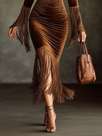 24-Hour-Shipping Brown Velvet Turtleneck Cutout Fringe Long Sleeve Bodycon Dress