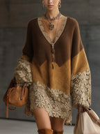 24-Hour-Shipping Brown Ombre Knit Lace Oversized Long Sleeve Mini Dress