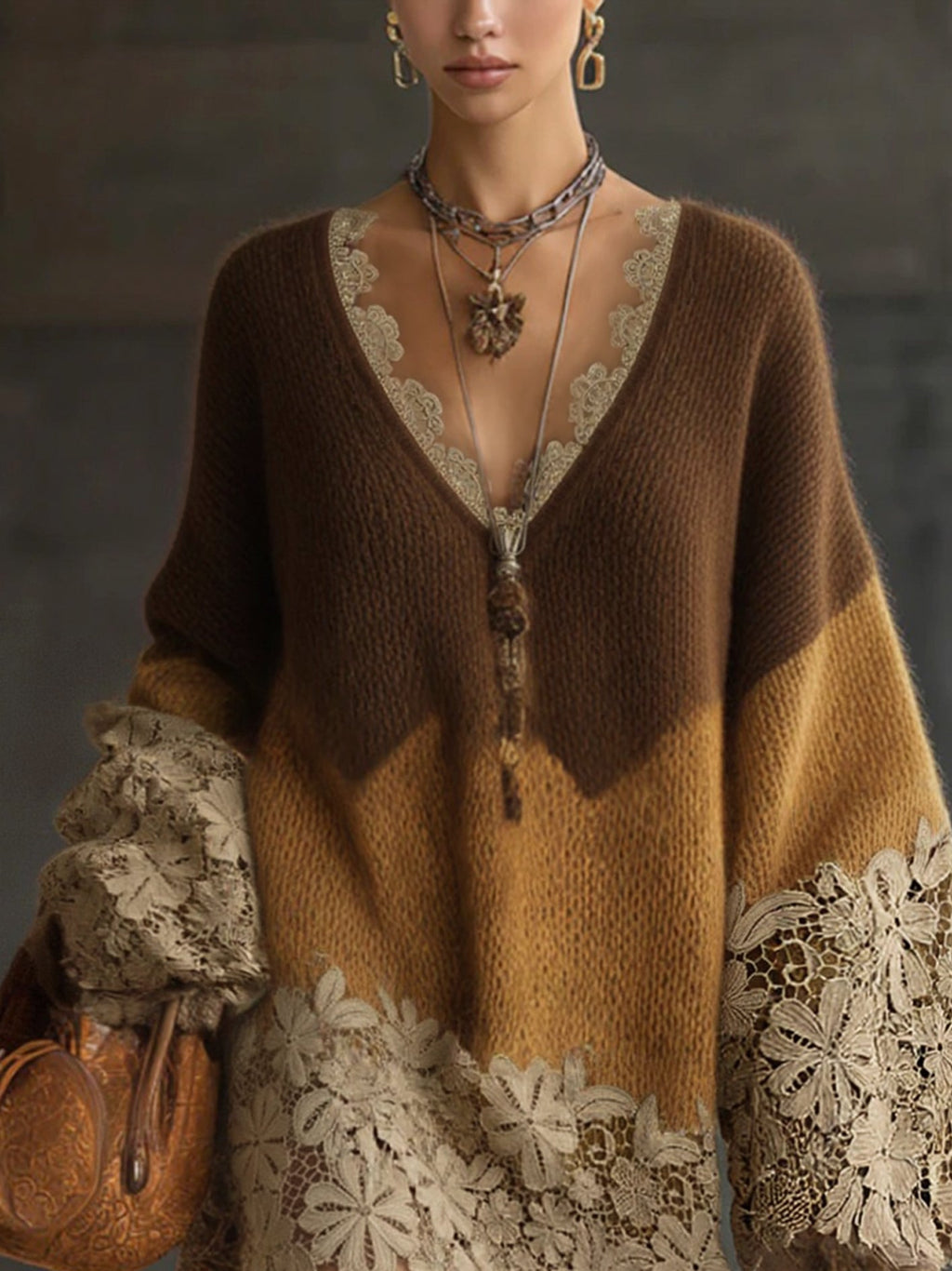 24-Hour-Shipping Brown Ombre Knit Lace Oversized Long Sleeve Mini Dress