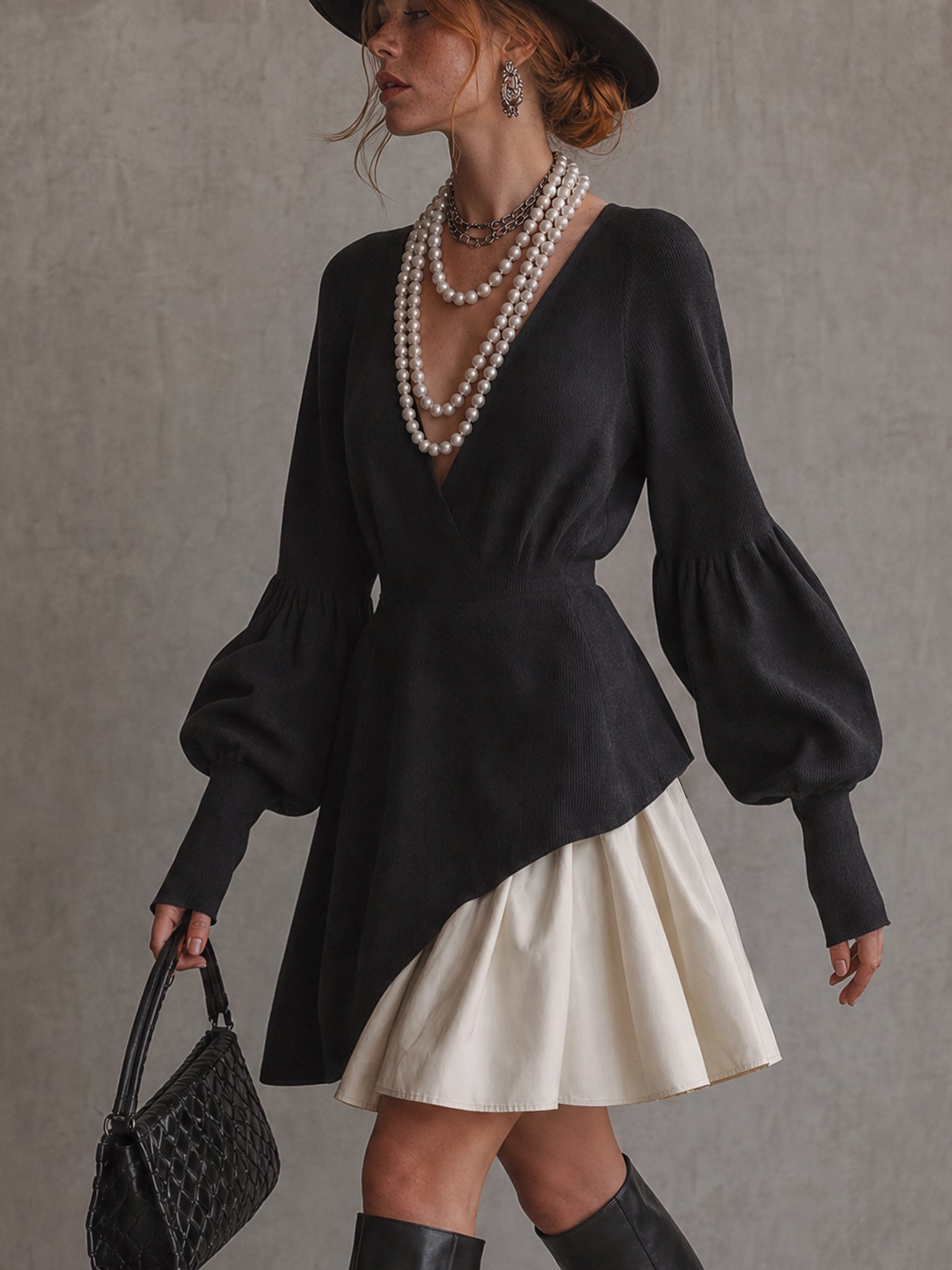 Black And White Deep V-Neck Knit Mini Dress
