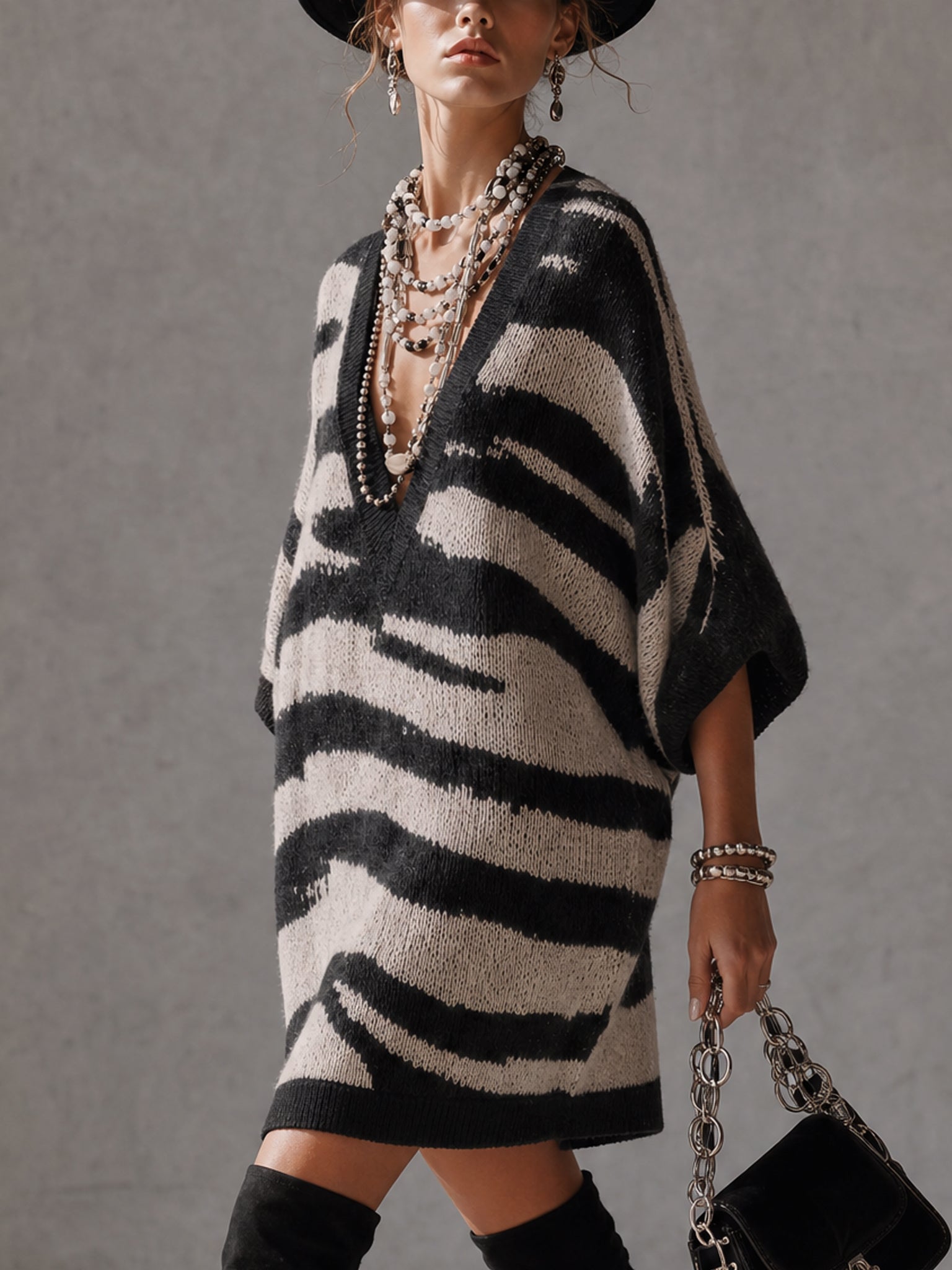 Black And White Zebra Pattern Knit Mini Dress