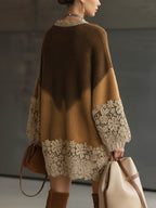 24-Hour-Shipping Brown Ombre Knit Lace Oversized Long Sleeve Mini Dress