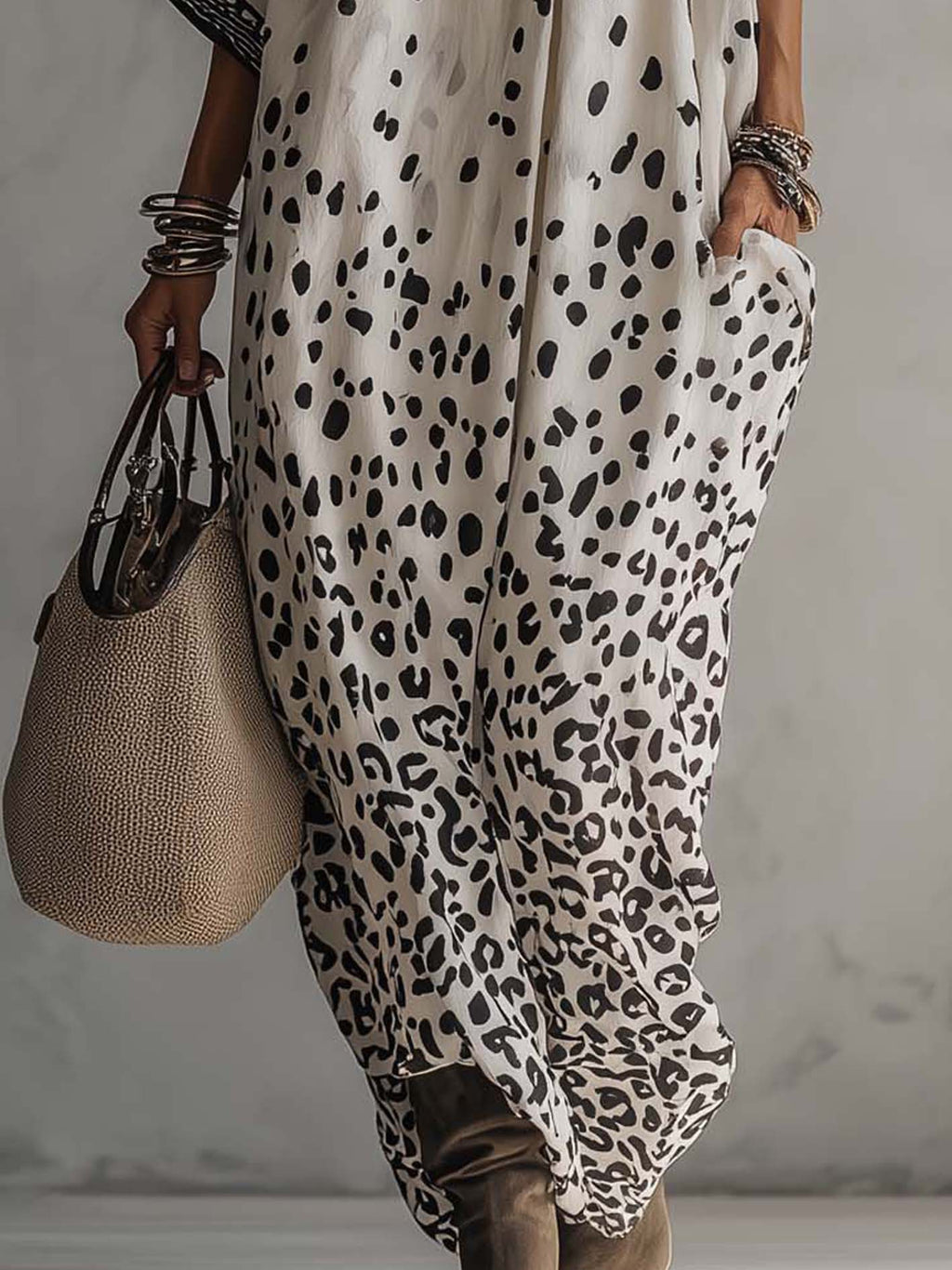 24-Hour-Shipping Light Gray Gradient Leopard Print Chiffon Maxi Dress