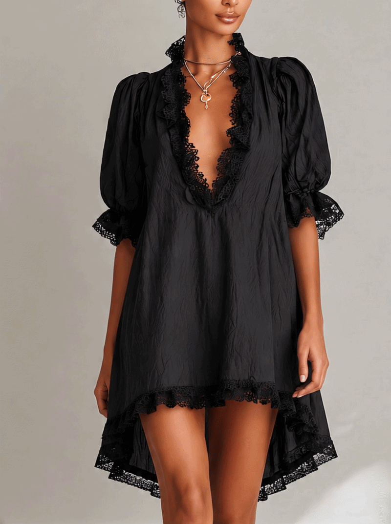 Black Textured Lace Trim Irregular Hem Puff Sleeve Mini Dress