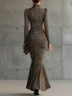 24-Hour-Shipping Brown Leopard Print Pleated Cutout Maxi Dress