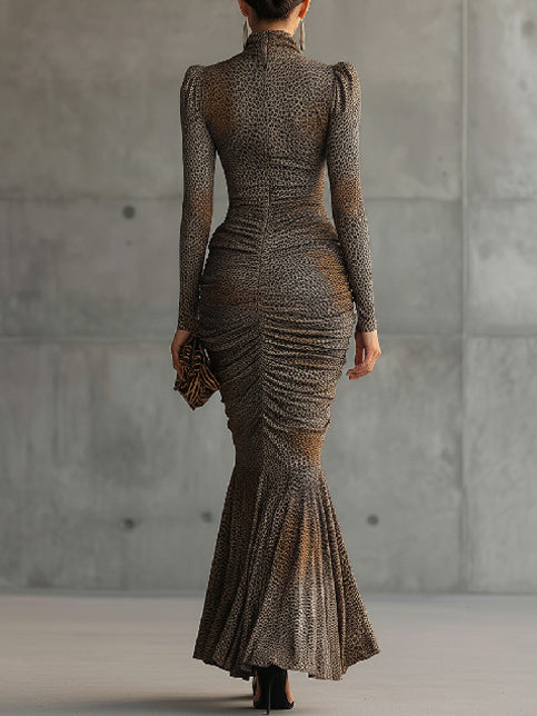 24-Hour-Shipping Brown Leopard Print Pleated Cutout Maxi Dress