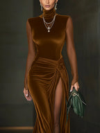 24-Hour-Shipping Emerald Green Velvet Mesh Sleeve High Slit Maxi Dress