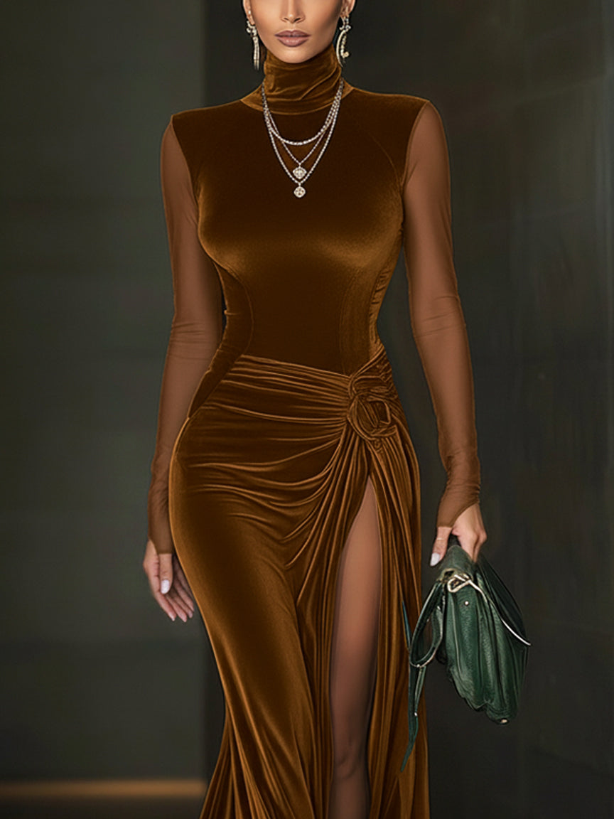 24-Hour-Shipping Emerald Green Velvet Mesh Sleeve High Slit Maxi Dress