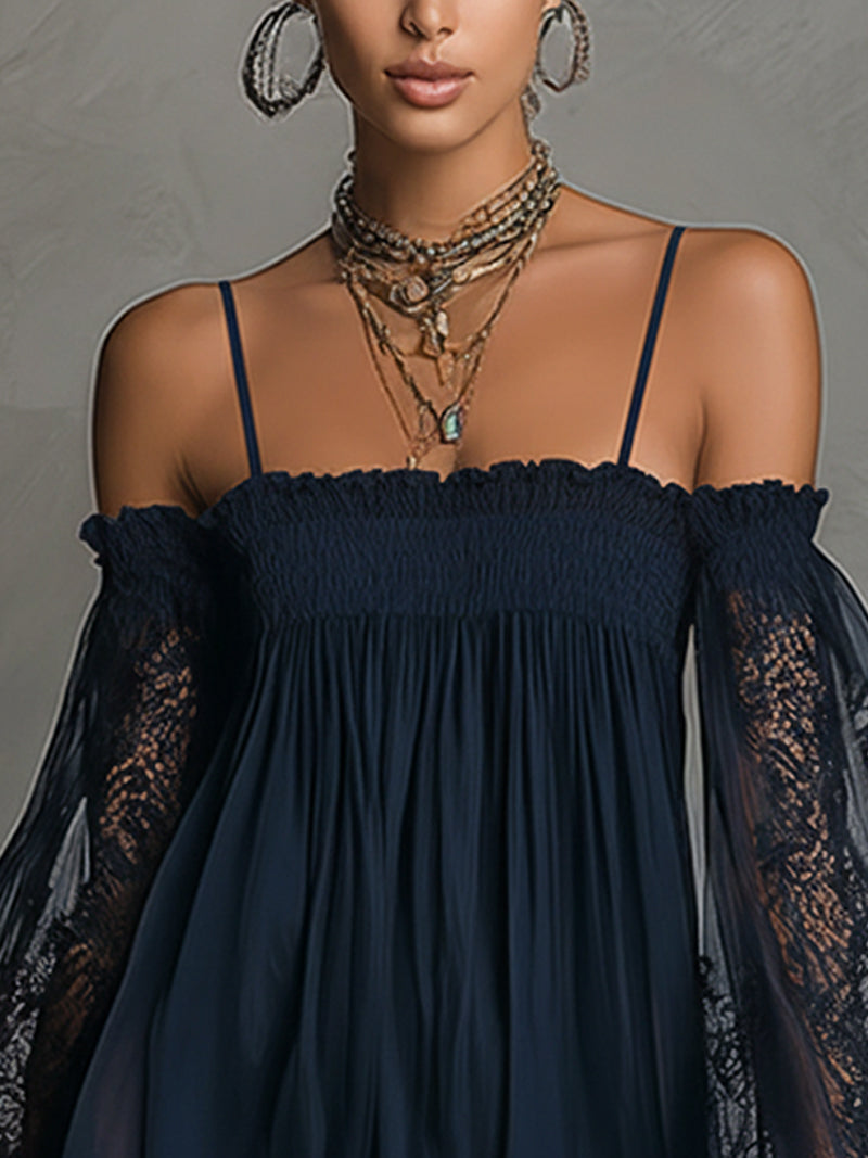 24-Hour-Shipping Navy Off-Shoulder Lace Trim Chiffon Mini Dress With Sheer Sleeves