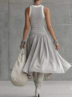24-Hour-Shipping Gray Ribbed Tank Bodice Draped Midi Dress