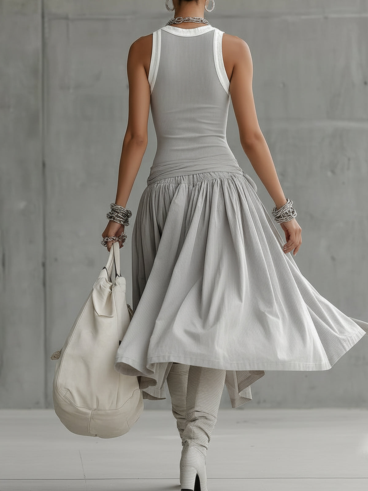 24-Hour-Shipping Gray Ribbed Tank Bodice Draped Midi Dress