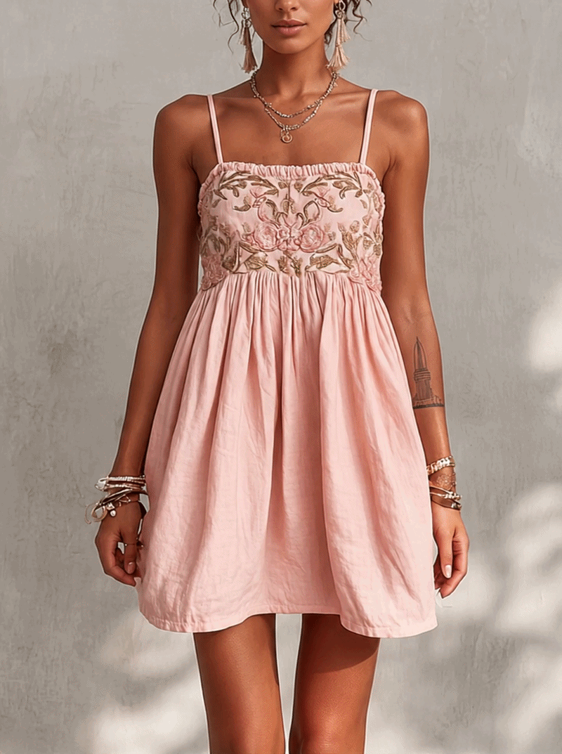 24-Hour-Shipping Pink Vintage Embroidered Linen Cotton Mini Cami Dress