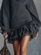 24-Hour-Shipping Gray Knit Mini Dress With Ruffled V-Neckline And Chiffon Hem
