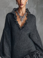 24-Hour-Shipping Gray Knit Mini Dress With Ruffled V-Neckline And Chiffon Hem