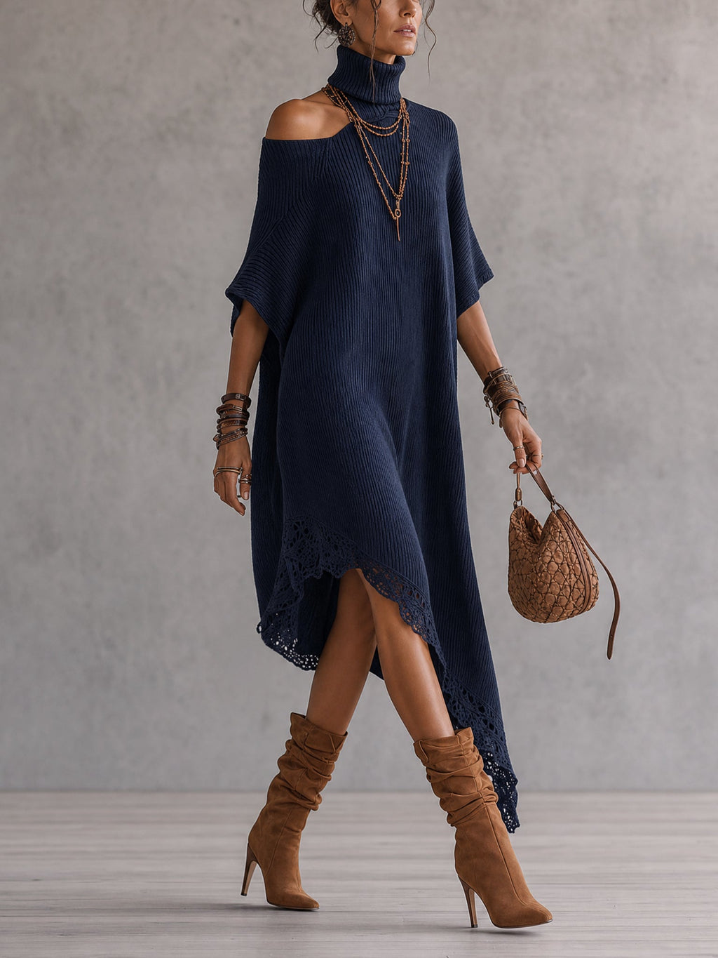 Blue Asymmetrical Off Shoulder Knit Maxi Dress