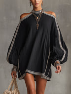 24-Hour-Shipping Black Boho Cold Shoulder Lantern Sleeve Linen Mini Dress