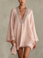 Blush Pink Linen Mini Dress With Rhinestone Trim And Fringe Hem