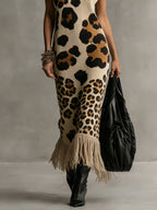 24-Hour-Shipping Brown Irregular Leopard Print Knitted Tassel Sleeveless Maxi Dress