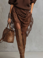 24-Hour-Shipping Chocolate Knit Off Shoulder Tulle Long Sleeve Midi Dress