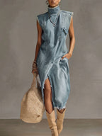 24-Hour-Shipping Blue Washed Denim Sleeveless High Neck Frayed Dress