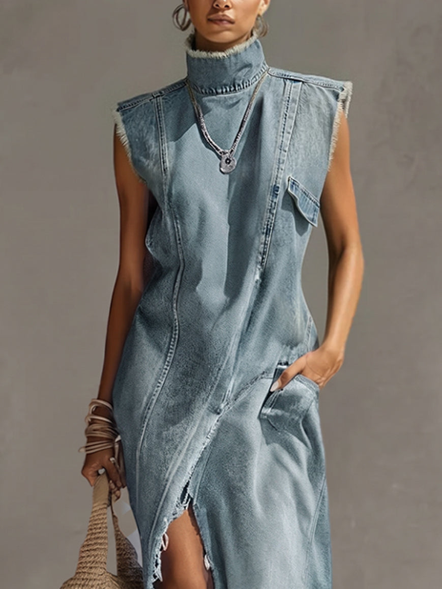 24-Hour-Shipping Blue Washed Denim Sleeveless High Neck Frayed Dress