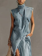 24-Hour-Shipping Blue Washed Denim Sleeveless High Neck Frayed Dress