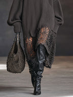 24-Hour-Shipping Charcoal Gray V-Neck Knit Mesh Long Sleeve Midi Dress
