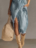 24-Hour-Shipping Blue Washed Denim Sleeveless High Neck Frayed Dress