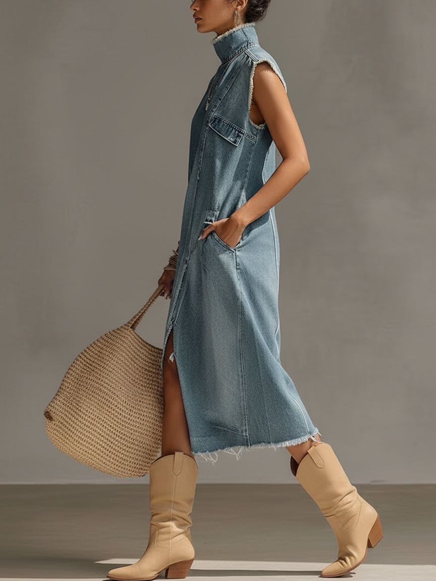 24-Hour-Shipping Blue Washed Denim Sleeveless High Neck Frayed Dress